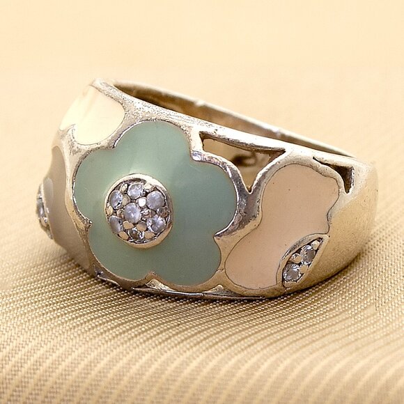 Sterling Silver Flower Ring with Enamel & CZ Stamped 925, Size 5, Floral Jewelry - Picture 1 of 9